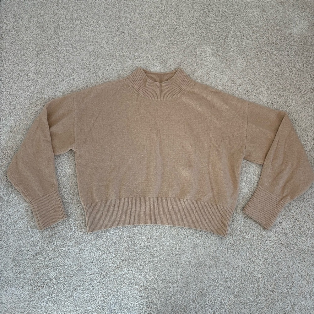 Woolen Bloom Tan Sweater Women’s Large Mock Neck Knit Minimalist Preppy Casual
